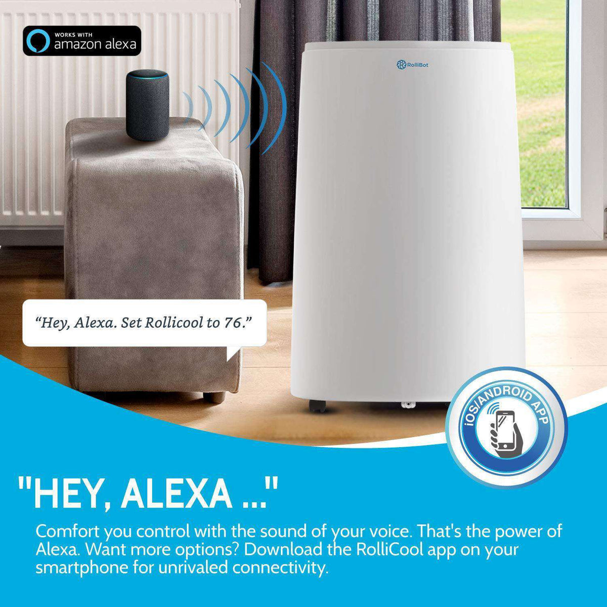 Rollibot Rollicool A20 14000 BTU Portable Smart Alexa Enabled Ultra Quiet Air Conditioner with Heater Dehumidifier Fan and Remote New