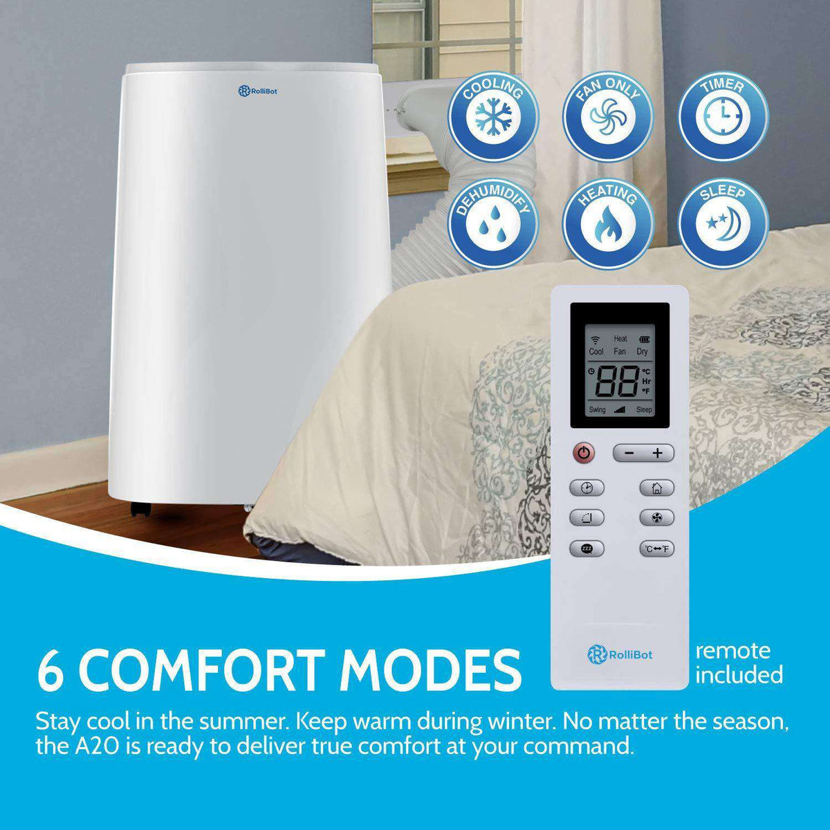 Rollibot Rollicool A20 14000 BTU Portable Smart Alexa Enabled Ultra Quiet Air Conditioner with Heater Dehumidifier Fan and Remote New