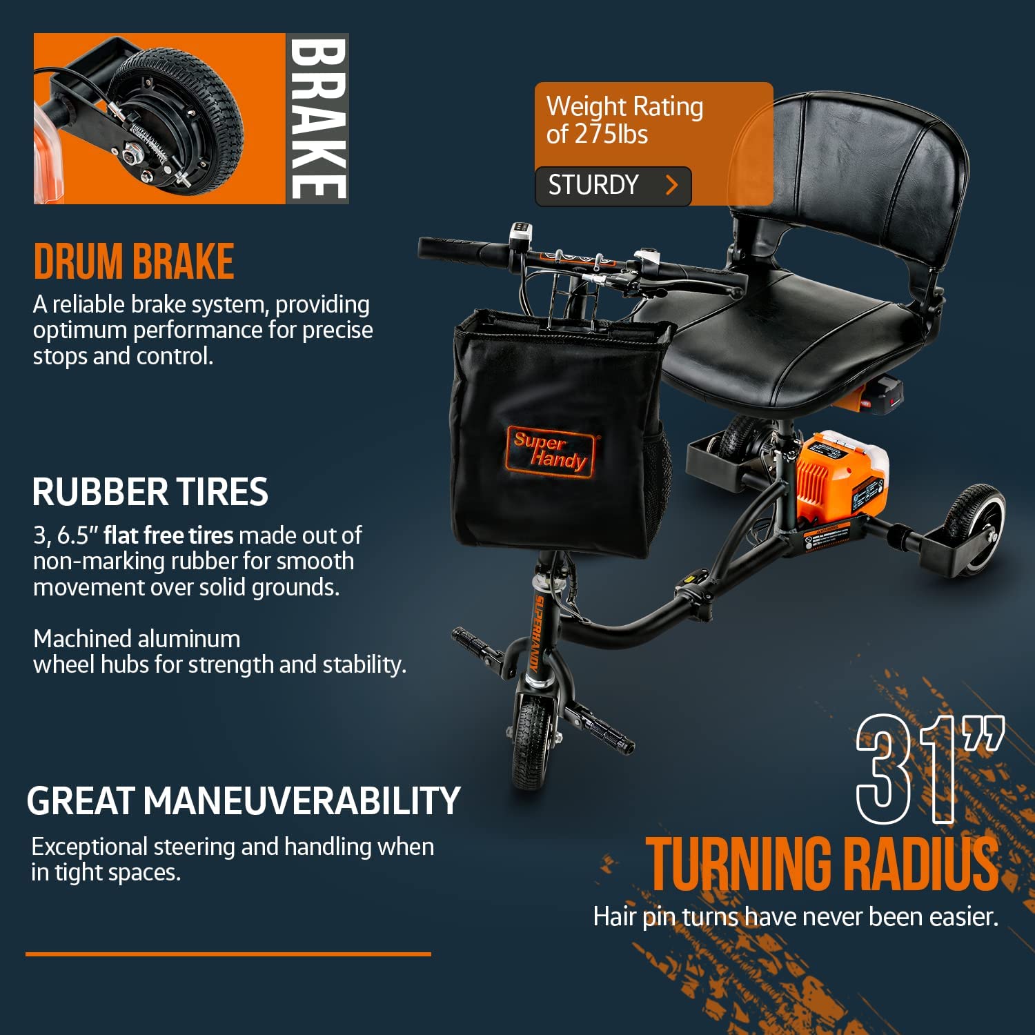 Super Handy GUT112 Passport Folding Mobility Scooter 3 Wheeled Lightweight Long Range New