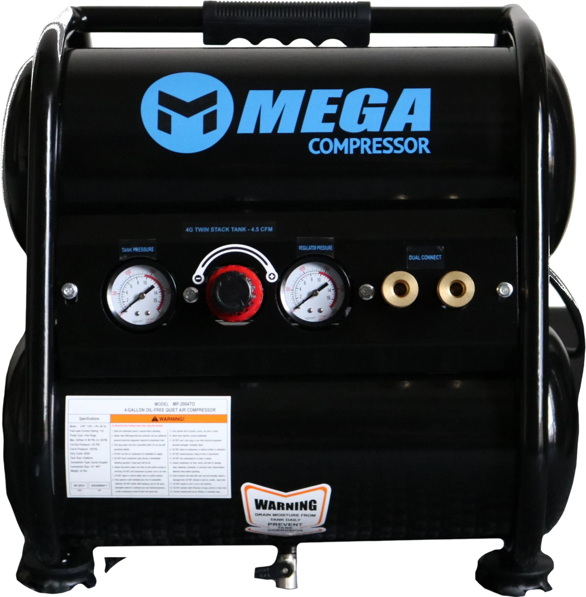Mega Compressor MP-2004TO Electric Air Compressor 4 Gal. 2 HP 135 PSI Silent Oil-Free New