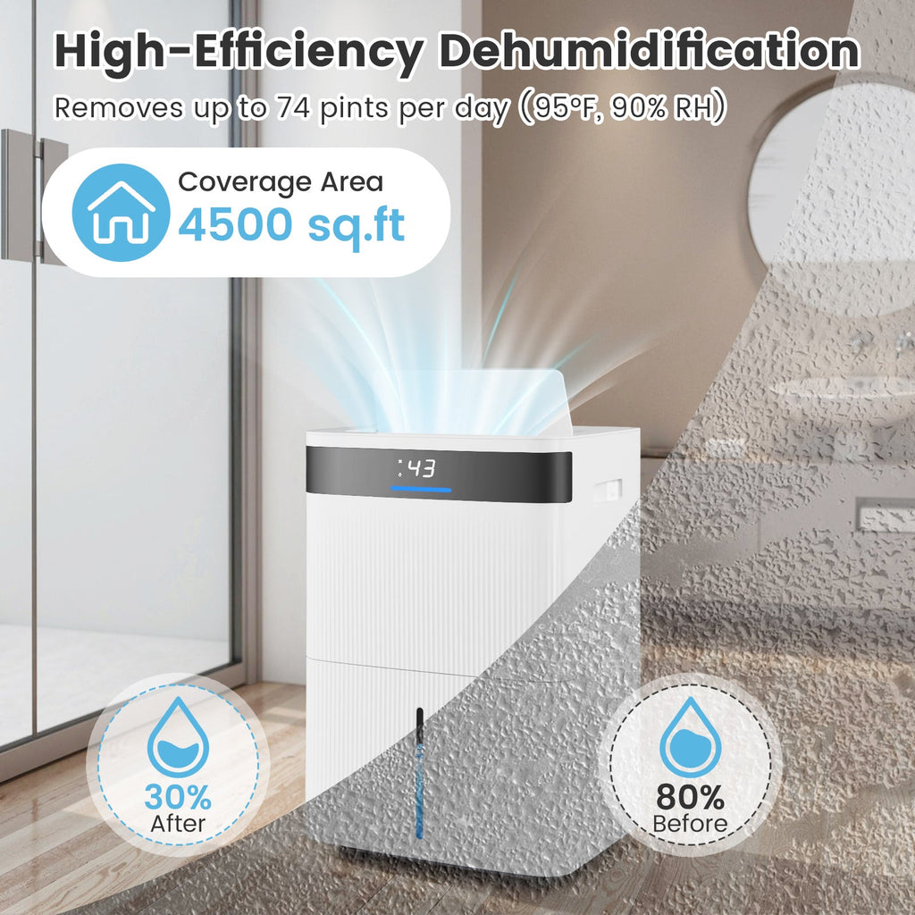 Costway 74 Pint Dehumidifier for Home 4500 Sq.Ft 22255158 New