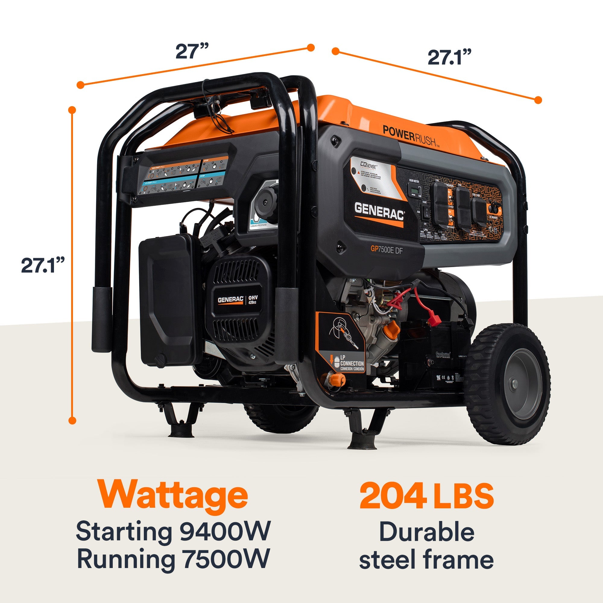 Generac GP7500EDF 7500W/9400W Generator Dual Fuel Gas Propane Electric Start CO Sense 8011 RFB
