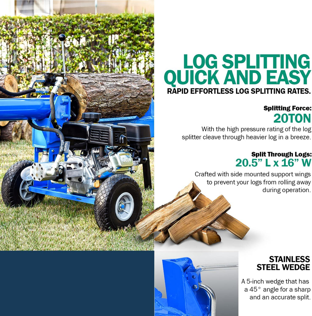 Landworks GUO079 7HP 212 CC 10" Diameter 20 Ton Hydraulic System Gas-Powered Log Splitter New