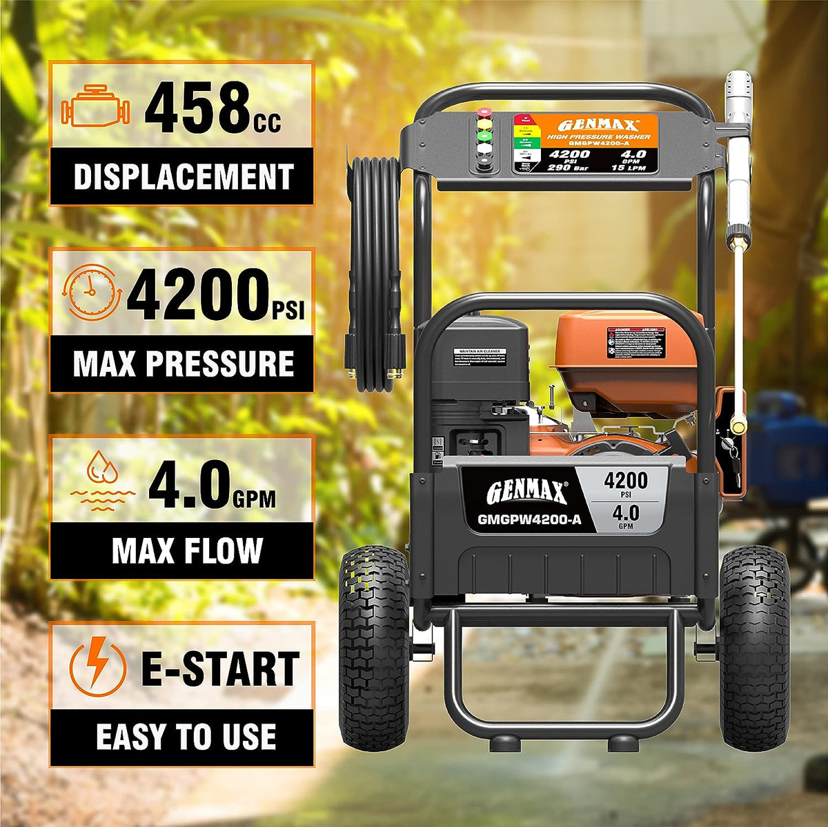 GENMAX GMGPW4200-A 4200 PSI and 4 GPM Gas Pressure Washer with Electric Start New