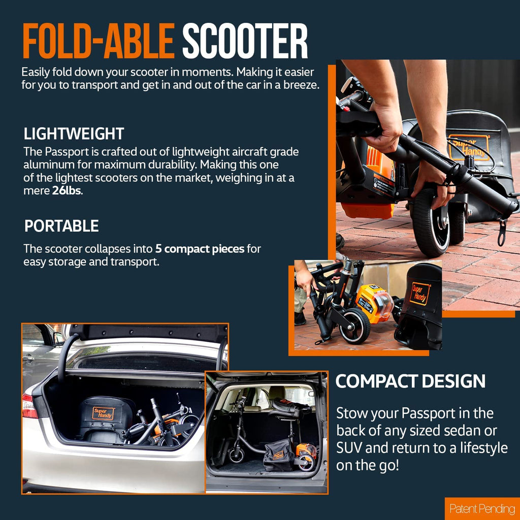 Super Handy GUT112 Passport Folding Mobility Scooter 3 Wheeled Lightweight Long Range New