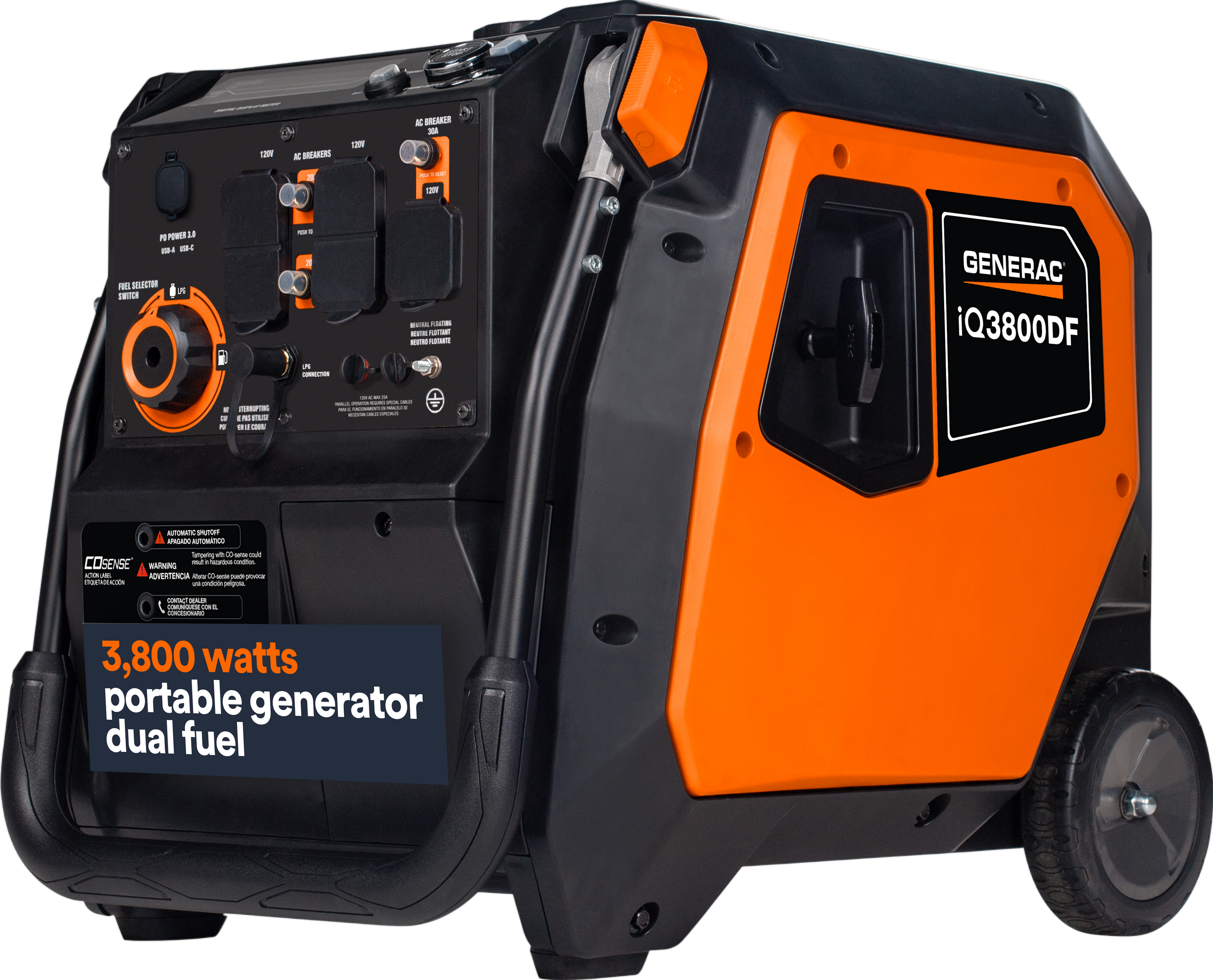 Generac iQ3800 DF 8946 3000W/3800W Generator Dual Fuel Gas Propane Low THD Inverter CO Sense Electric Start CARB New