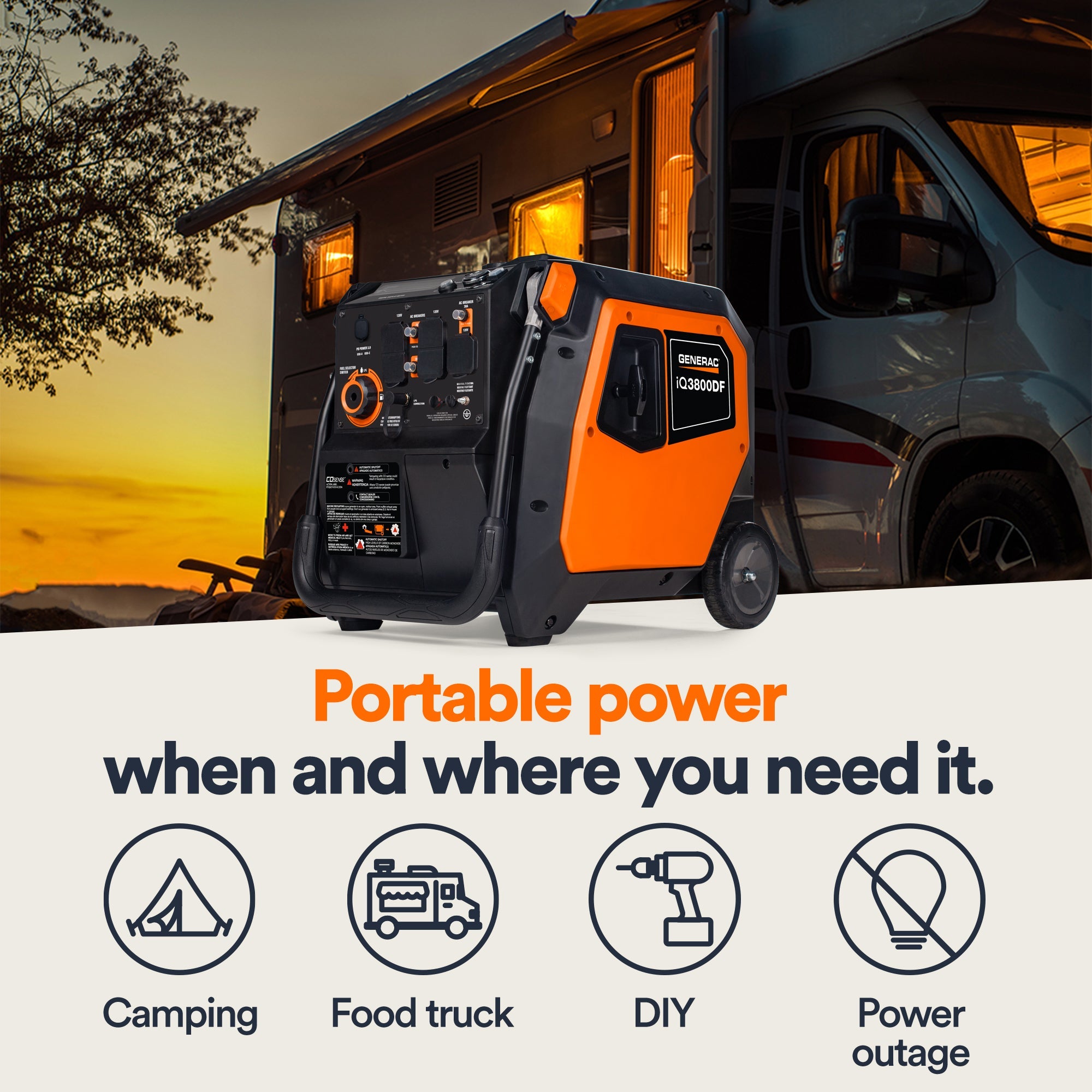 Generac iQ3800 DF 8946 3000W/3800W Generator Dual Fuel Gas Propane Low THD Inverter CO Sense Electric Start CARB New