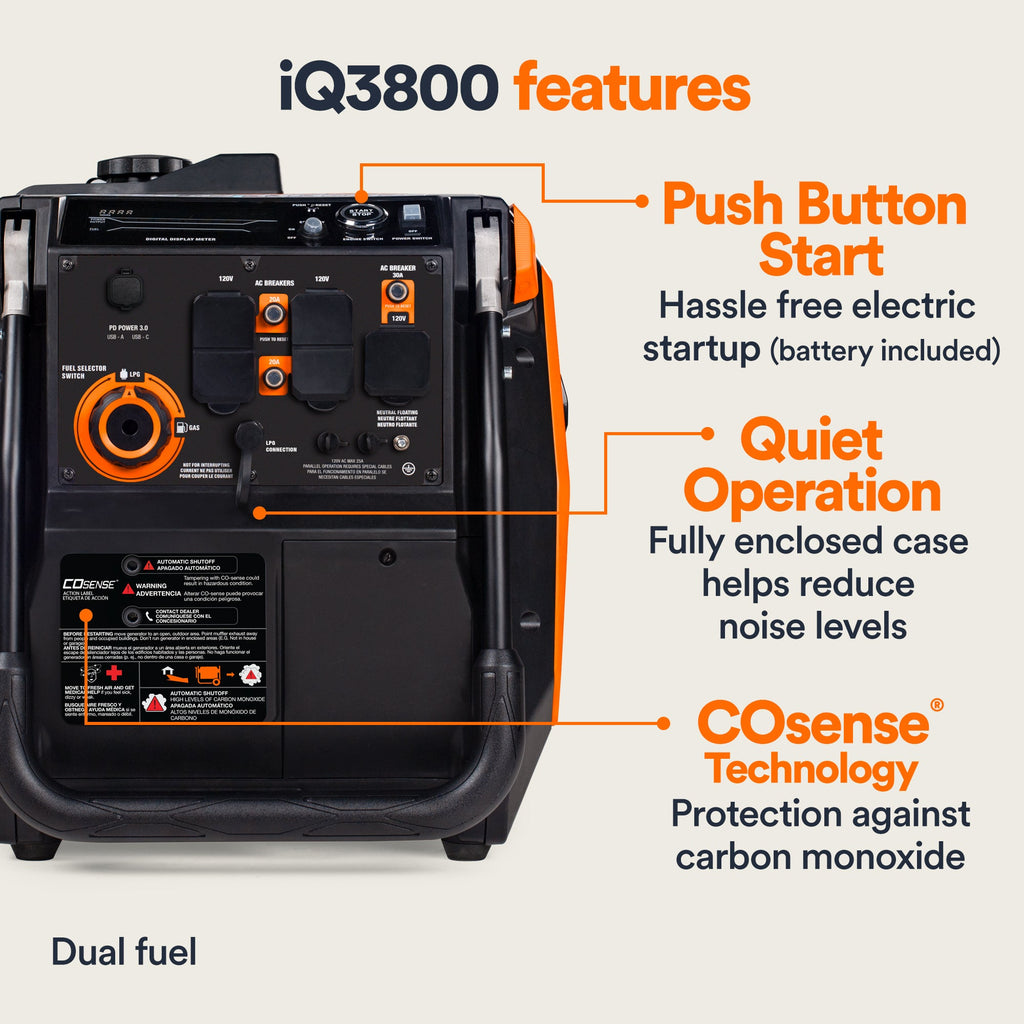 Generac iQ3800 DF 8946 3000W/3800W Generator Dual Fuel Gas Propane Inverter CO Sense Electric Start CARB RFB