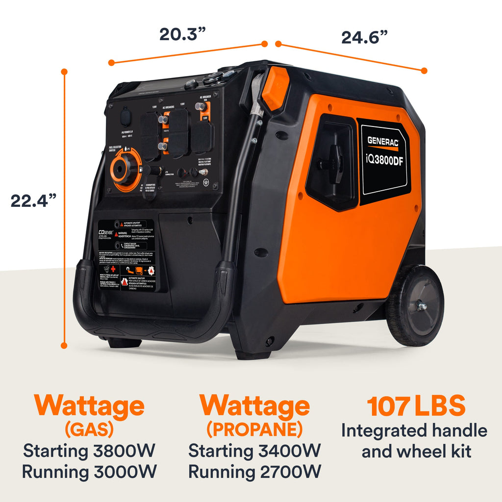 Generac iQ3800 DF 8946 3000W/3800W Generator Dual Fuel Gas Propane Inverter CO Sense Electric Start CARB RFB