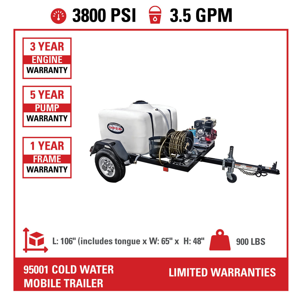 Simpson 95001 Mobile Pressure Washer Trailer 3800 PSI 3.5 GPM Honda GX270 Engine DOT Certified New