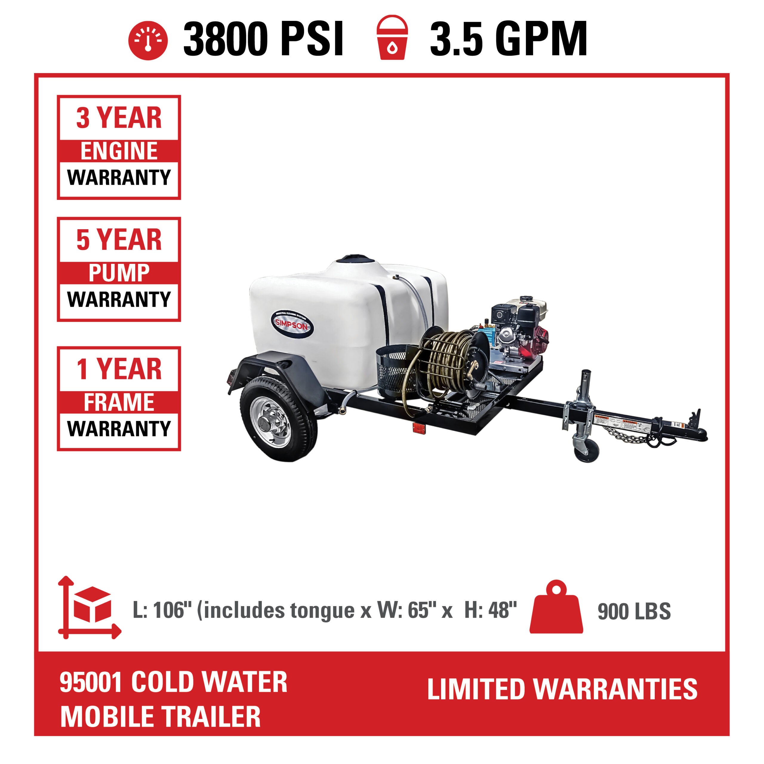 Simpson 95001 Mobile Pressure Washer Trailer 3800 PSI 3.5 GPM Honda GX270 Engine DOT Certified New