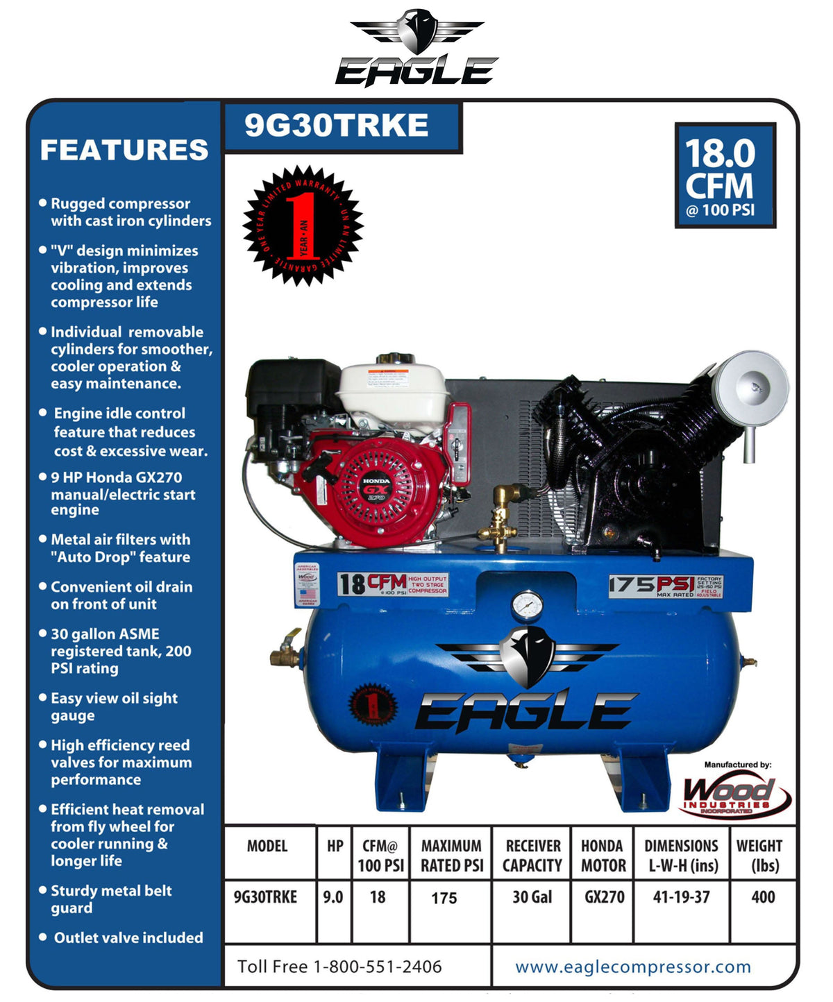 Eagle Truck Mount Air Compressor 175 PSI 30 Gal. 18 CFM 9 HP Honda GX270 Electric Start 9G30TRKE New