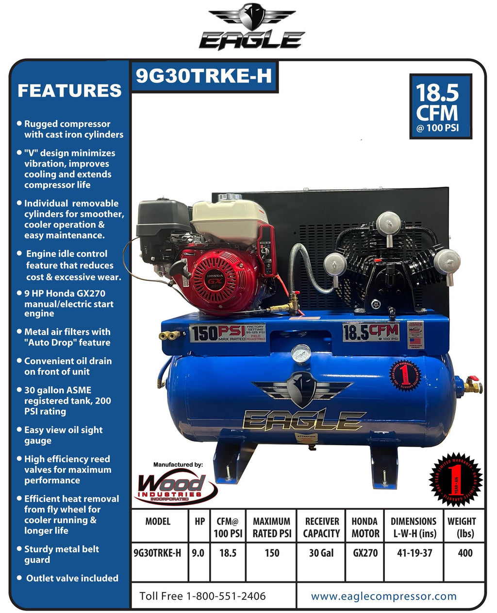 Eagle Truck Mount Air Compressor 150 PSI 30 Gal. 18.5 CFM 9 HP Honda GX270 Electric Start 9G30TRKE-H New