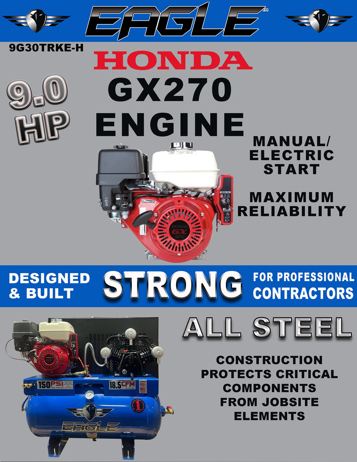 Eagle Truck Mount Air Compressor 150 PSI 30 Gal. 18.5 CFM 9 HP Honda GX270 Electric Start 9G30TRKE-H New