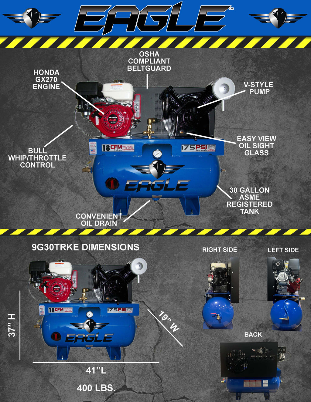 Eagle Truck Mount Air Compressor 175 PSI 30 Gal. 18 CFM 9 HP Honda GX270 Electric Start 9G30TRKE New