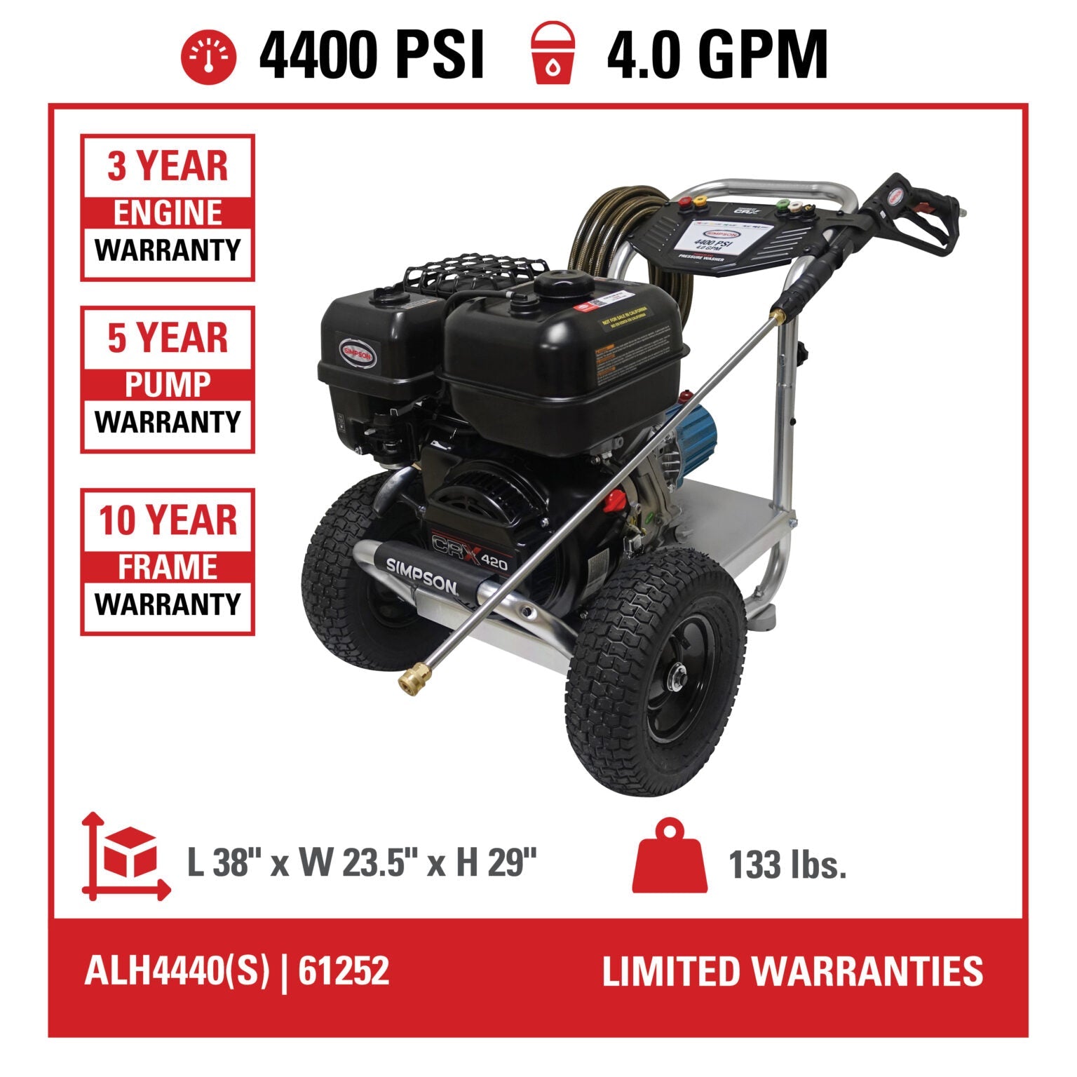 Simpson ALH4440 Gas Pressure Washer 4400 PSI 4 GPM with CRX 420 Engine New