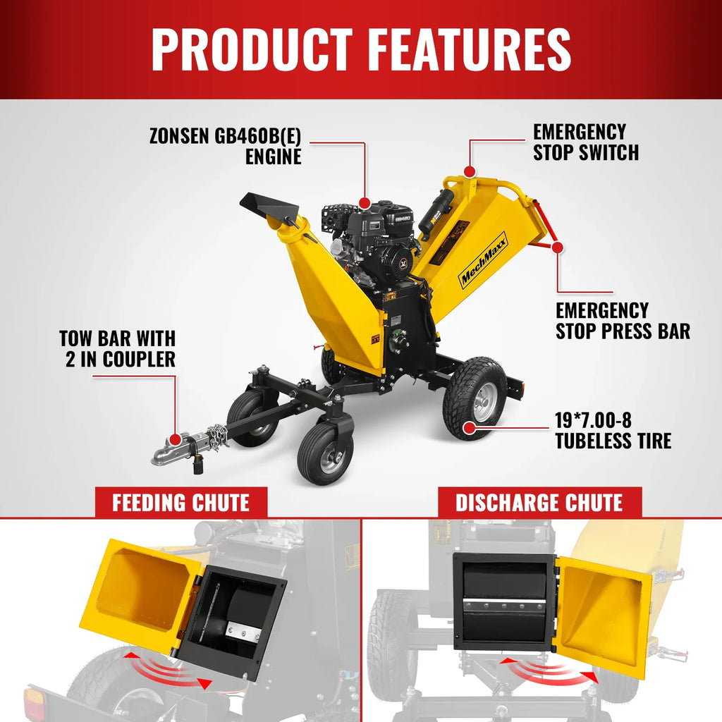 MechMaxx B150 Wood Chipper 6" Electric Start Zonsen 420cc 13.4 HP Gas Powered 4-Wheel Drum with Taillight New