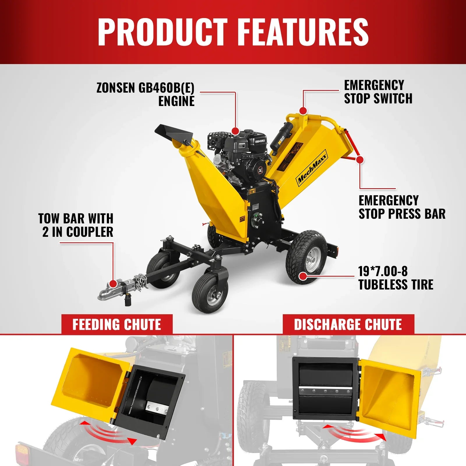MechMaxx B150 Wood Chipper 6" Electric Start Zonsen 420cc 13.4 HP Gas Powered 4-Wheel Drum with Taillight New