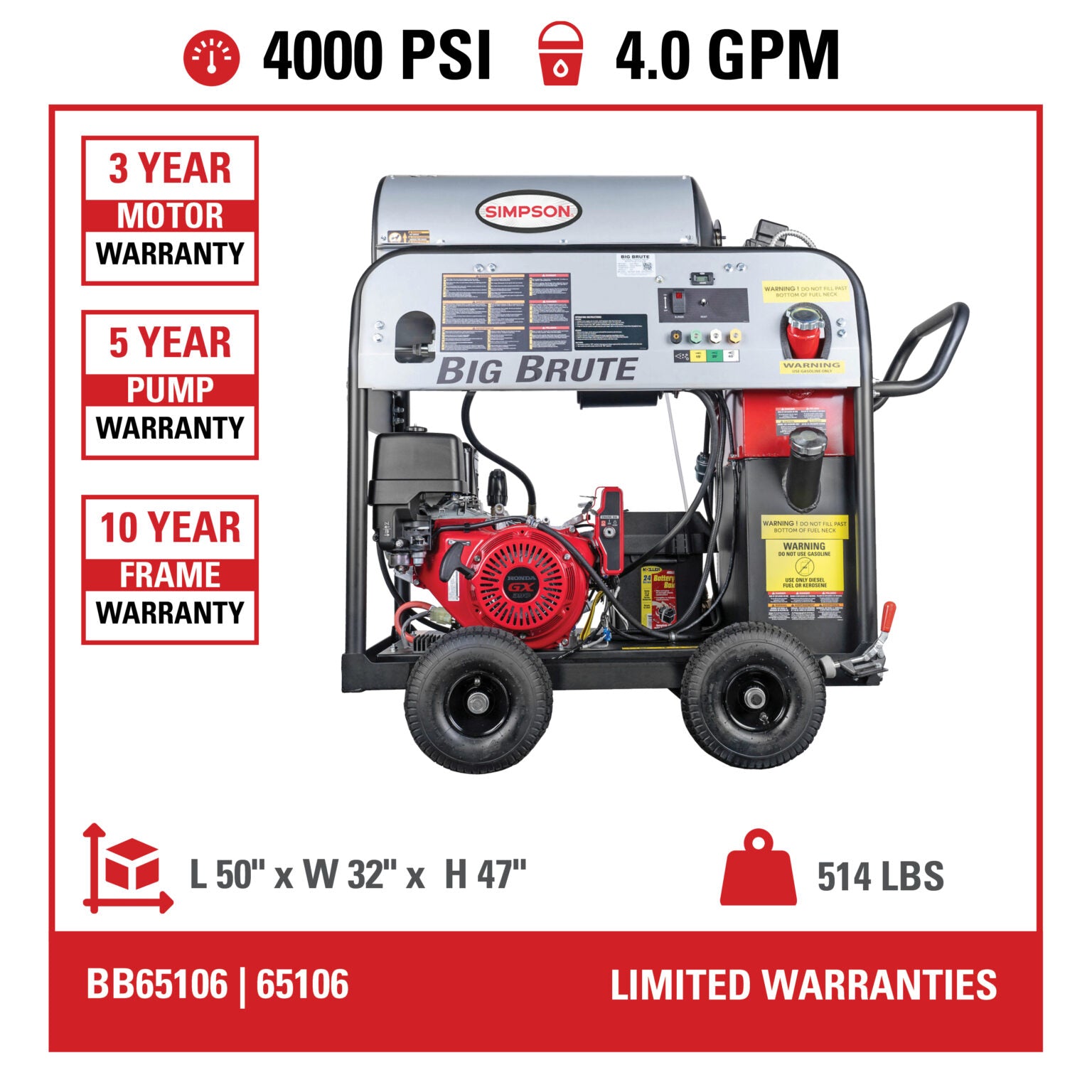 Simpson BB65106 Big Brute Pressure Washer Hot Water 4000 PSI 4 GPM Honda GX390 Electric Start New