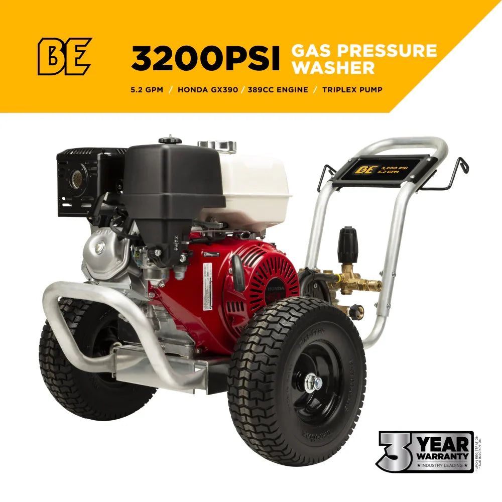 BE Gas Pressure Washer Cold Water 3,200 PSI 5.2 GPM Honda GX390 Engine New