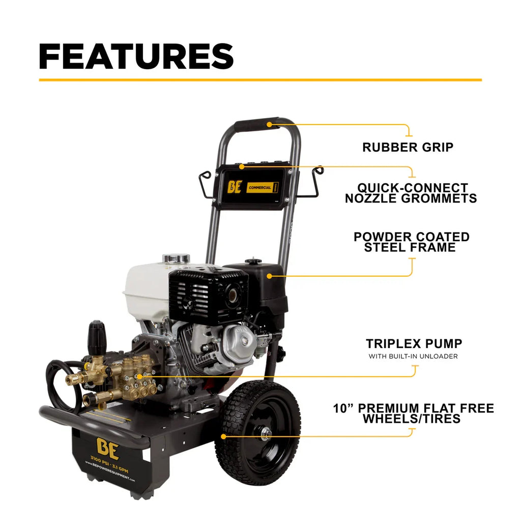 BE Pressure Washer Cold Water Triplex Pump 3,200 PSI 5.2 GPM Honda GX390 Engine New