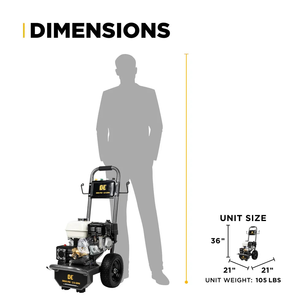 BE Pressure Washer Cold Water AR Triplex Pump 3,800 PSI 2.5 GPM Honda GX200 Engine New