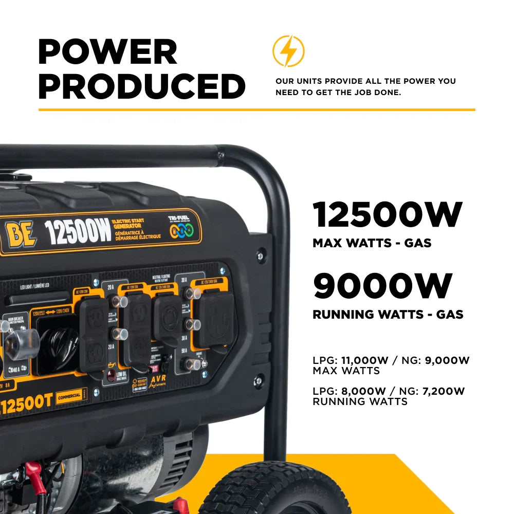 BE 9000W/12500W Generator Tri-Fuel Gas Propane Natural Gas Electric Start CO Detect 120/240V New