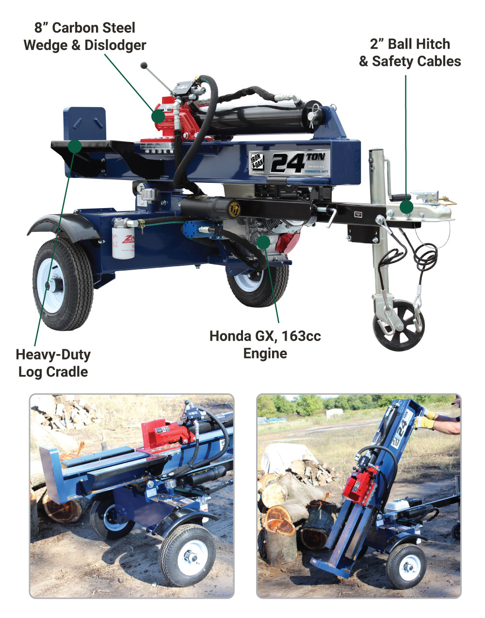 Iron and Oak Log Splitter 24 Ton Vertical/Horizontal Tow Behind Portable Gas with Honda GX160 Engine 163cc BHVH2418GX New