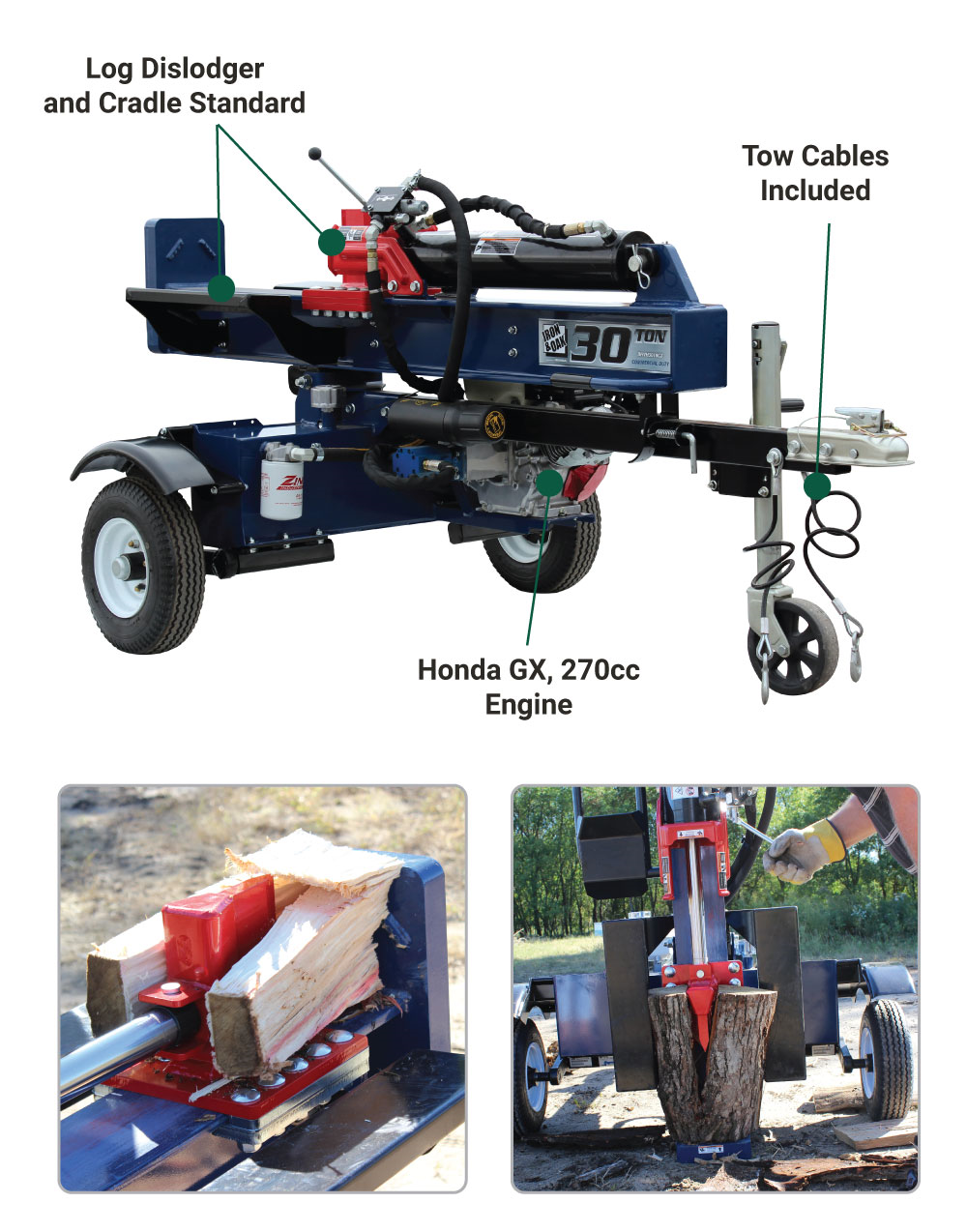 Iron and Oak Log Splitter 30 Ton Vertical/Horizontal Tow Behind Portable Gas with Honda GX270 Engine BHVH3018GX New