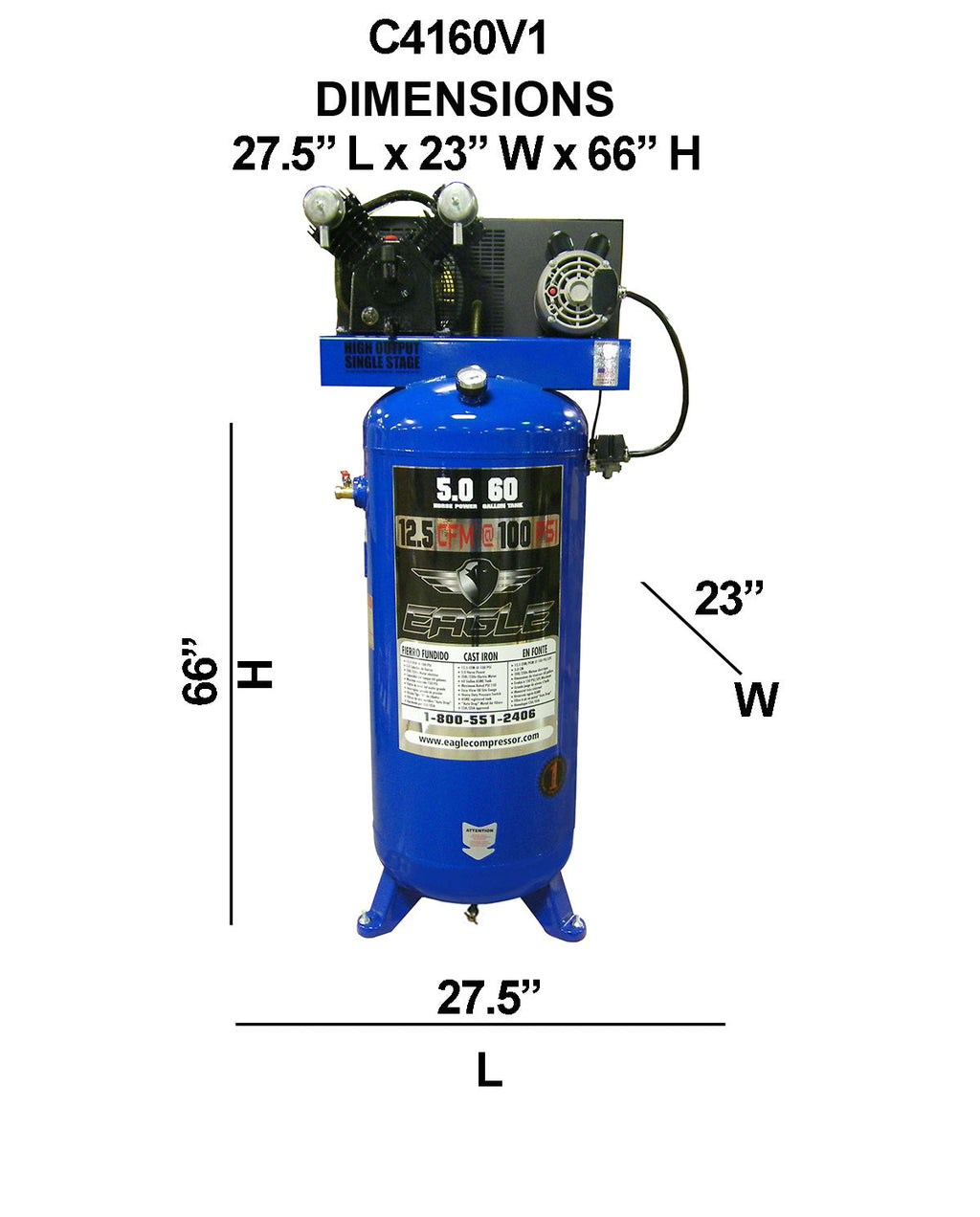 Eagle C4160V1 Air Compressor Upright 150 PSI 60 Gallon 12.5 CFM 5 HP Electric 208/230V New