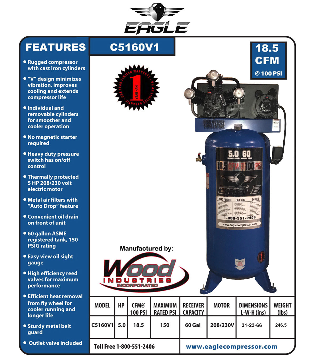 Eagle C5160V1 Air Compressor Stationary 150 PSI 60 Gallon 18.5 CFM 5 HP Electric 208/230V New