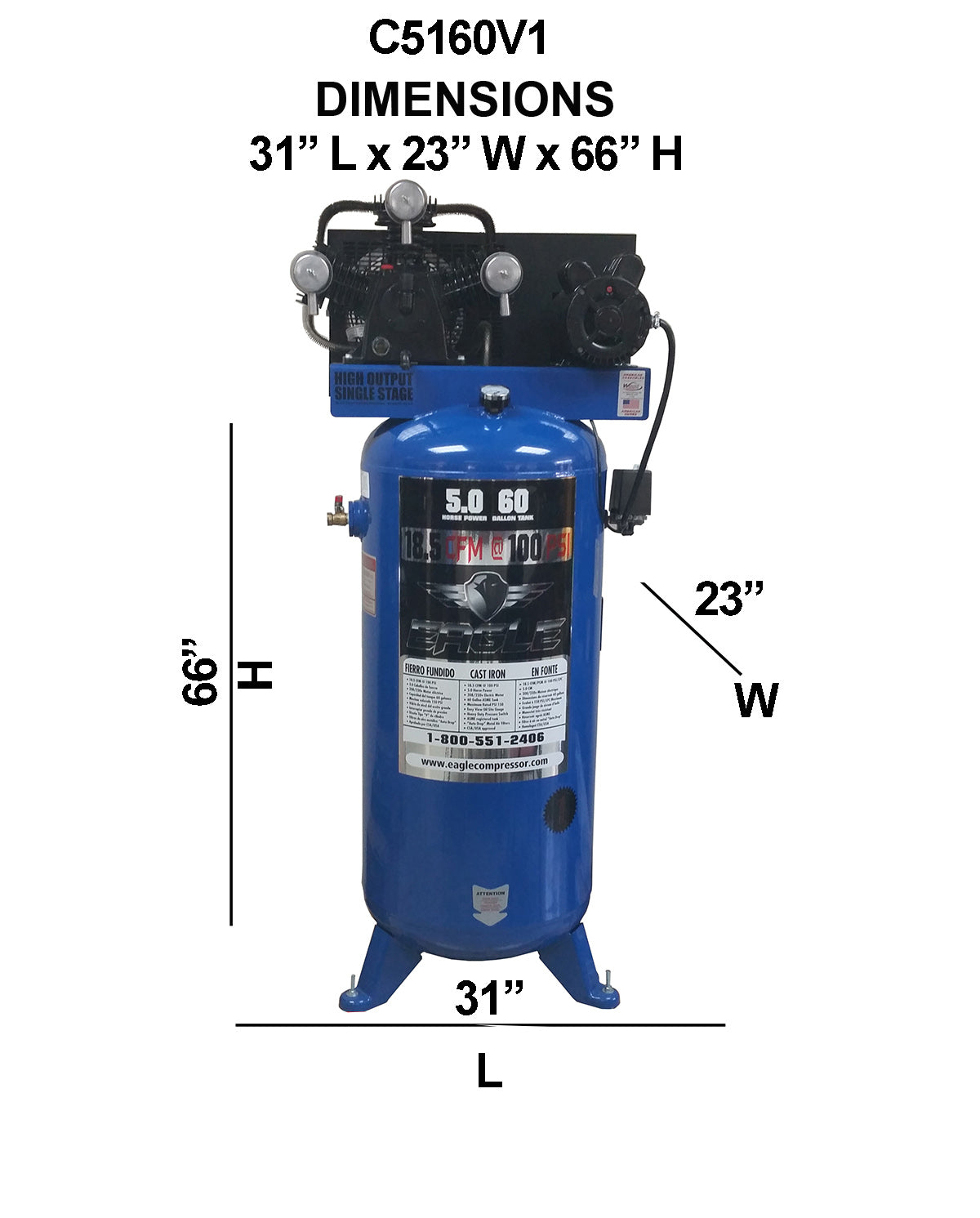 Eagle C5160V1 Air Compressor Stationary 150 PSI 60 Gallon 18.5 CFM 5 HP Electric 208/230V New