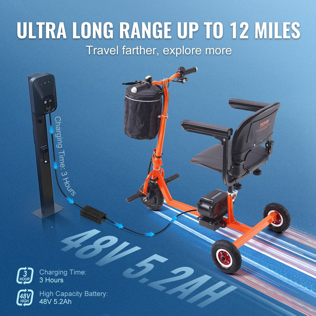 Vevor Mobility Scooter 3 Wheel Foldable 330 lbs. Capacity 48V 4 MPH 12 Mile Range Orange New