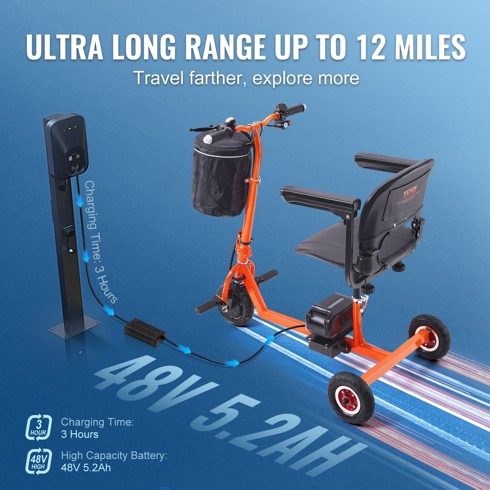 Vevor Mobility Scooter 3 Wheel Foldable 330 lbs. Capacity 48V 4 MPH 12 Mile Range Orange New