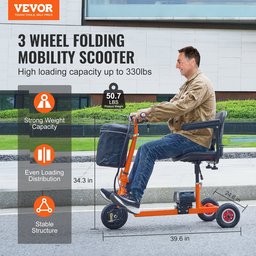 Vevor Mobility Scooter 3 Wheel Foldable 330 lbs. Capacity 48V 4 MPH 12 Mile Range Orange New