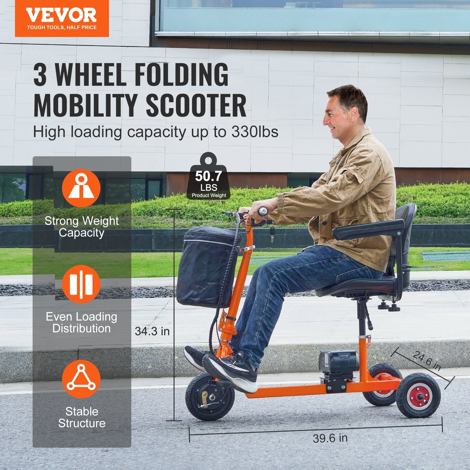 Vevor Mobility Scooter 3 Wheel Foldable 330 lbs. Capacity 48V 4 MPH 12 Mile Range Orange New