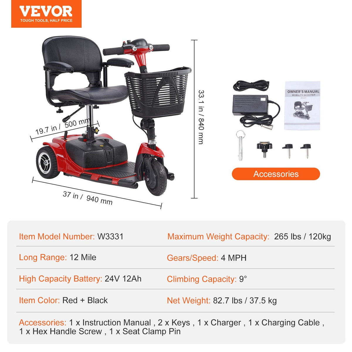 Vevor Mobility Scooter 3 Wheel Folding Heavy Duty 265 lbs. Capacity 24V 4 MPH 12 Mile Range New