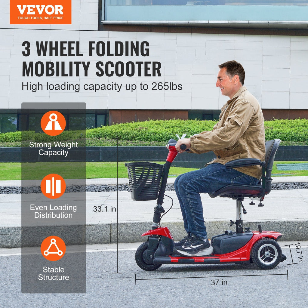 Vevor Mobility Scooter 3 Wheel Folding Heavy Duty 265 lbs. Capacity 24V 4 MPH 12 Mile Range New