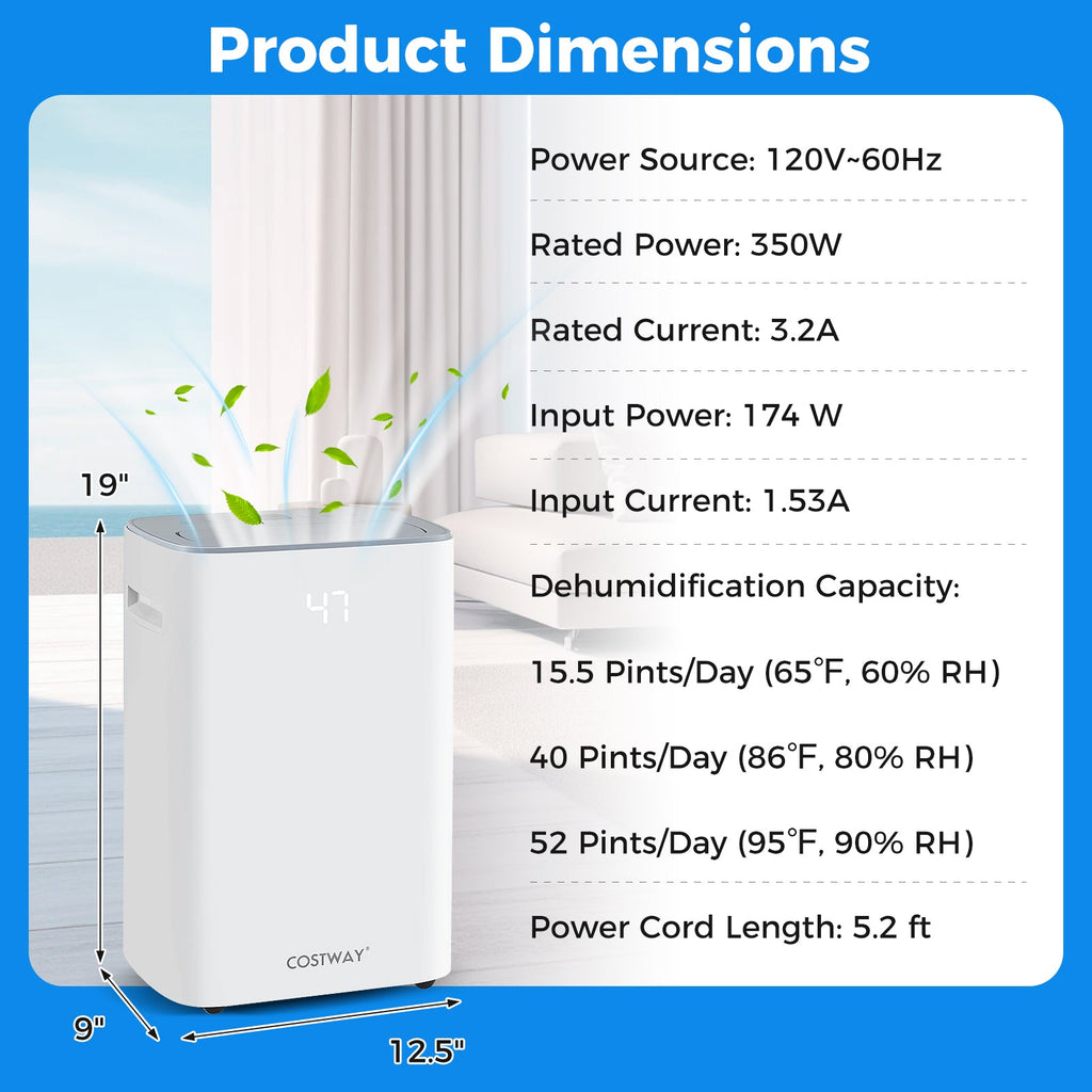 Costway Home Basement Dehumidifier Auto Drain Manual Drainage 13427685 New