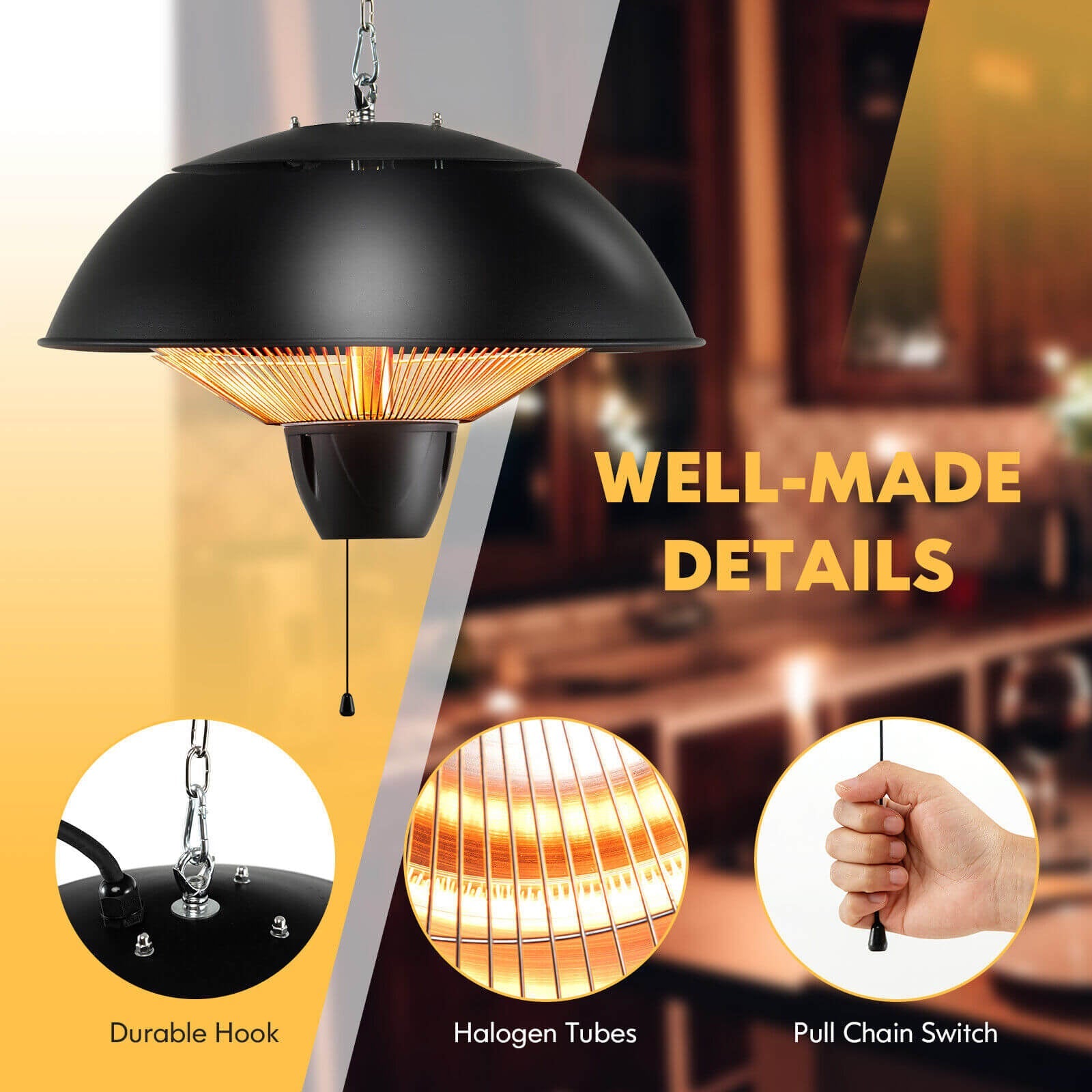 Costway 1500W Electric Hanging Patio Heater IPX4 Waterproof 51638927 New