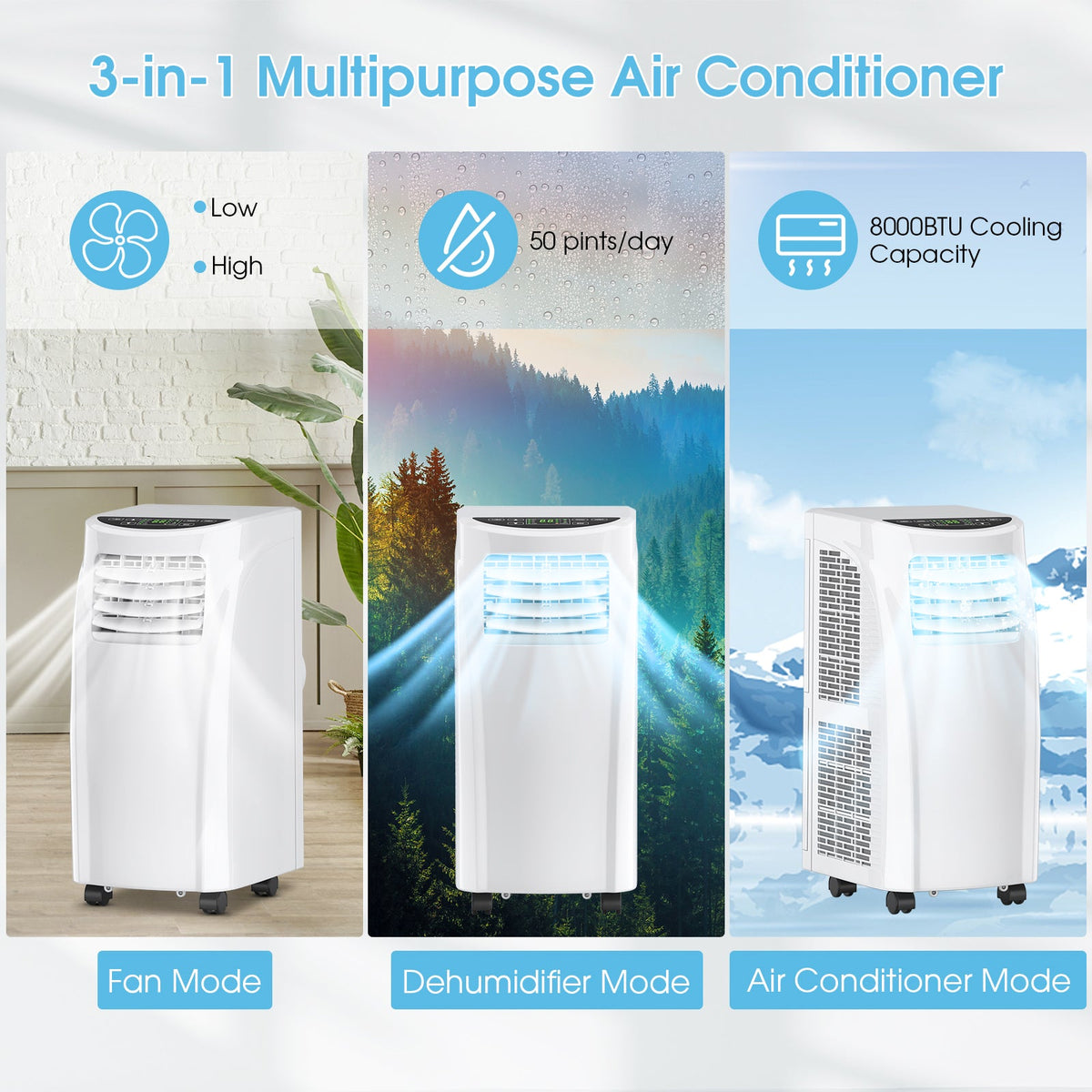 Costway Portable Air Conditioner 3-in-1 Dehumidifier Fan 8000 BTU 230 sq. ft. LED Display and Remote Control New