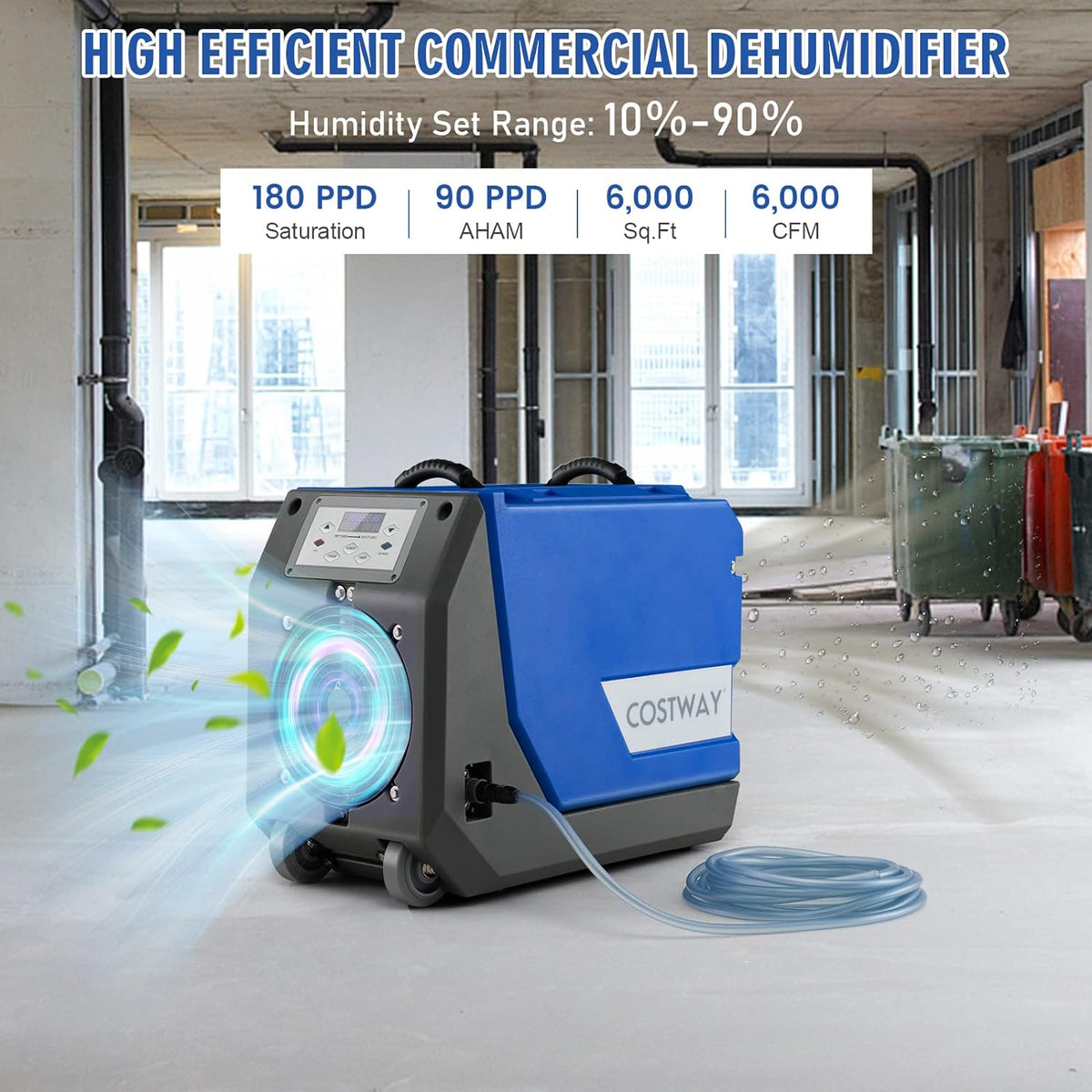 Costway Dehumidifier Commercial 180 Pints 341 CFM Basement/Crawl Space Pump And Drain Hose Blue 37285961 New