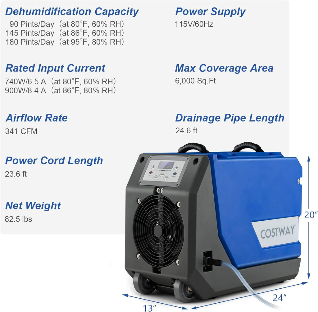 Costway Dehumidifier Commercial 180 Pints 341 CFM Basement/Crawl Space Pump And Drain Hose Blue 37285961 New