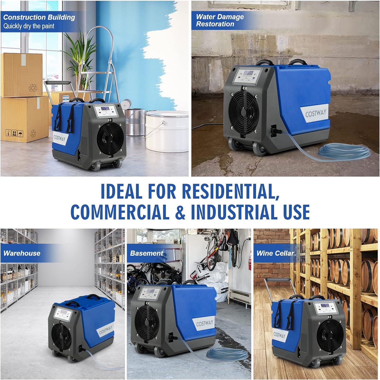 Costway Dehumidifier Commercial 180 Pints 341 CFM Basement/Crawl Space Pump And Drain Hose Blue 37285961 New
