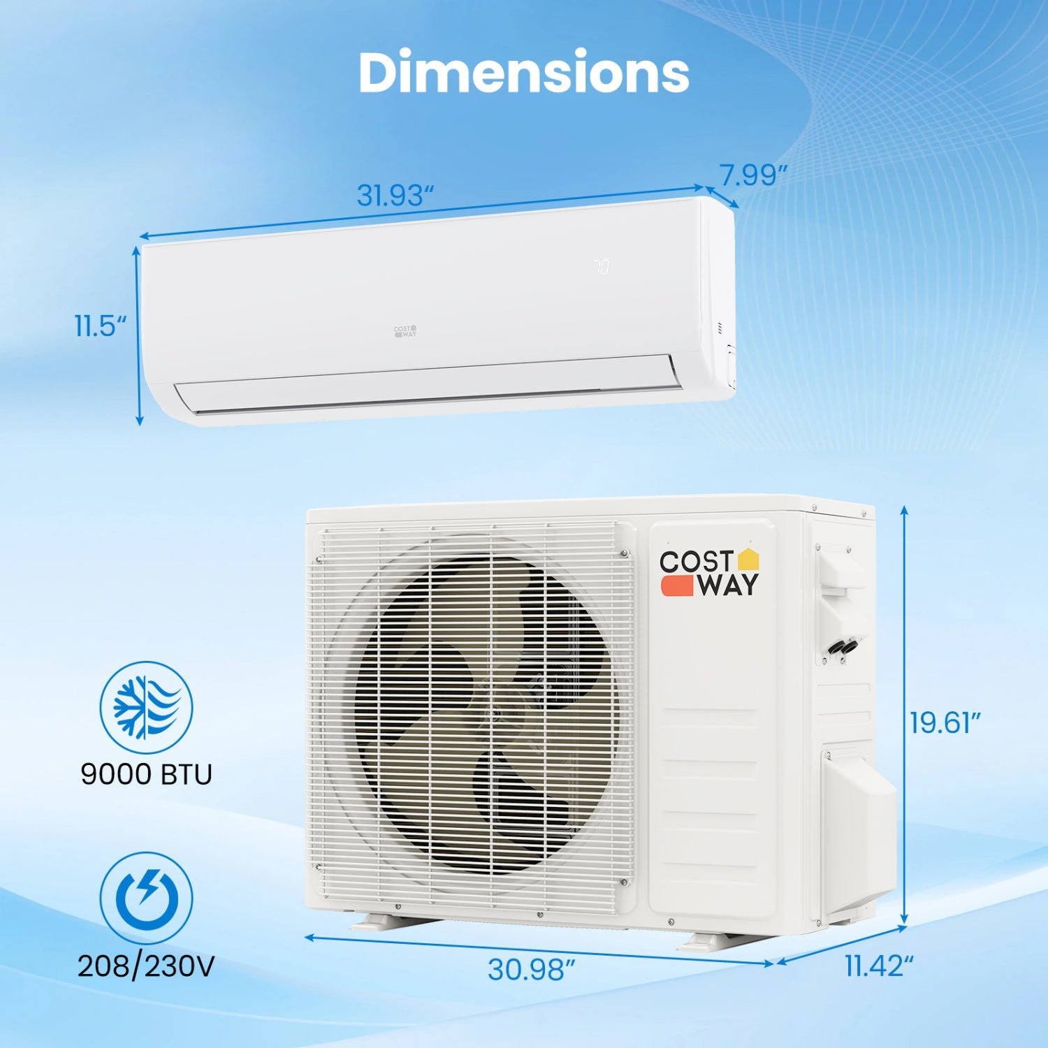 Costway 9000 BTU 20 SEER2 208-230V Mini Split Air Conditioner Heater 90200478 New