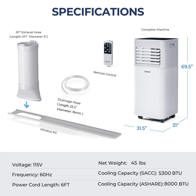 Costway Portable Air Conditioner 8000 BTU 3-in-1 Air Cooler with Dehumidifier and Fan Mode New