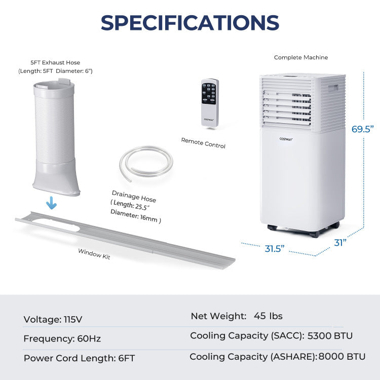 Costway Portable Air Conditioner 8000 BTU 3-in-1 Air Cooler with Dehumidifier and Fan Mode New