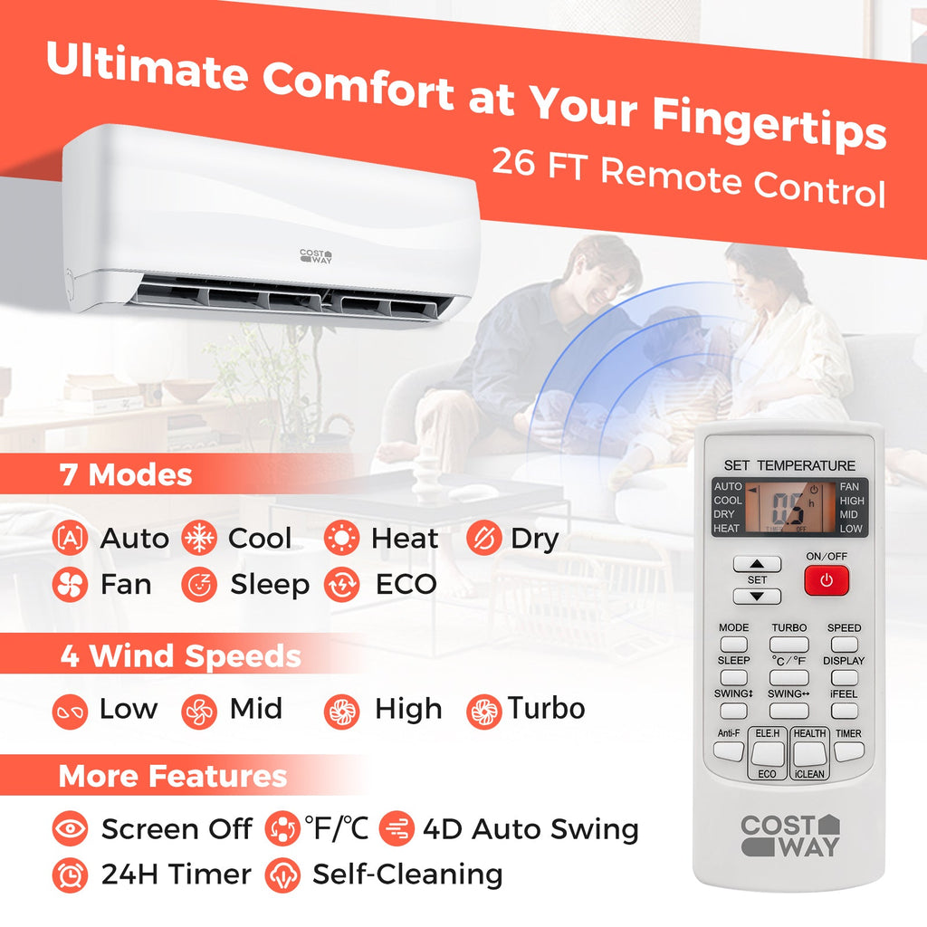 Costway Blast Series Mini Split Air Conditioner Heater Ductless 9000 BTU 17 SEER2 208-230V Remote Control 13847269 New