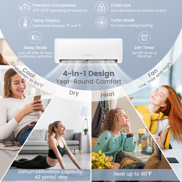 Costway Airtural Series Mini Split Air Conditioner Heater Ductless 12000 BTU 21 SEER2 208-230V Remote Control 58193724 New