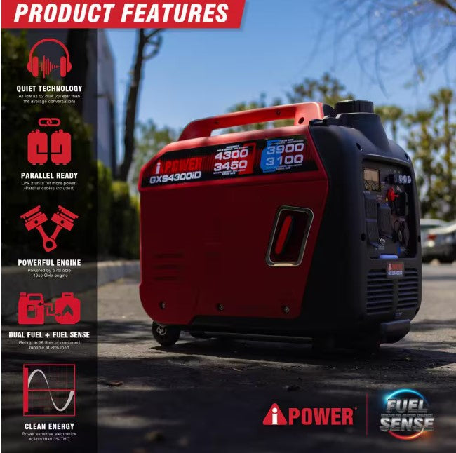 A-iPower GXS4300iD 3450W/4300W Generator Dual Fuel Gas Propane Low THD Inverter CO Alert New
